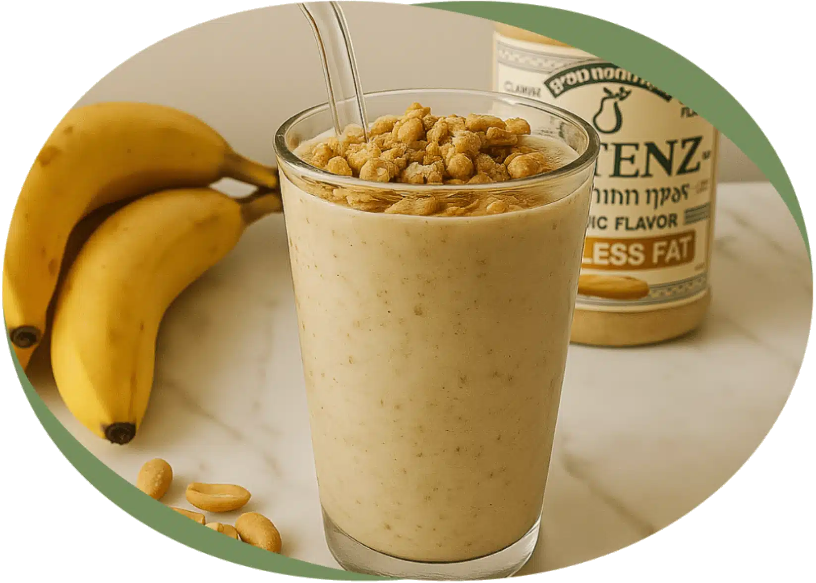 Glass of banana peanut butter smoothie with Botenz powder — high-protein breakfast shake
