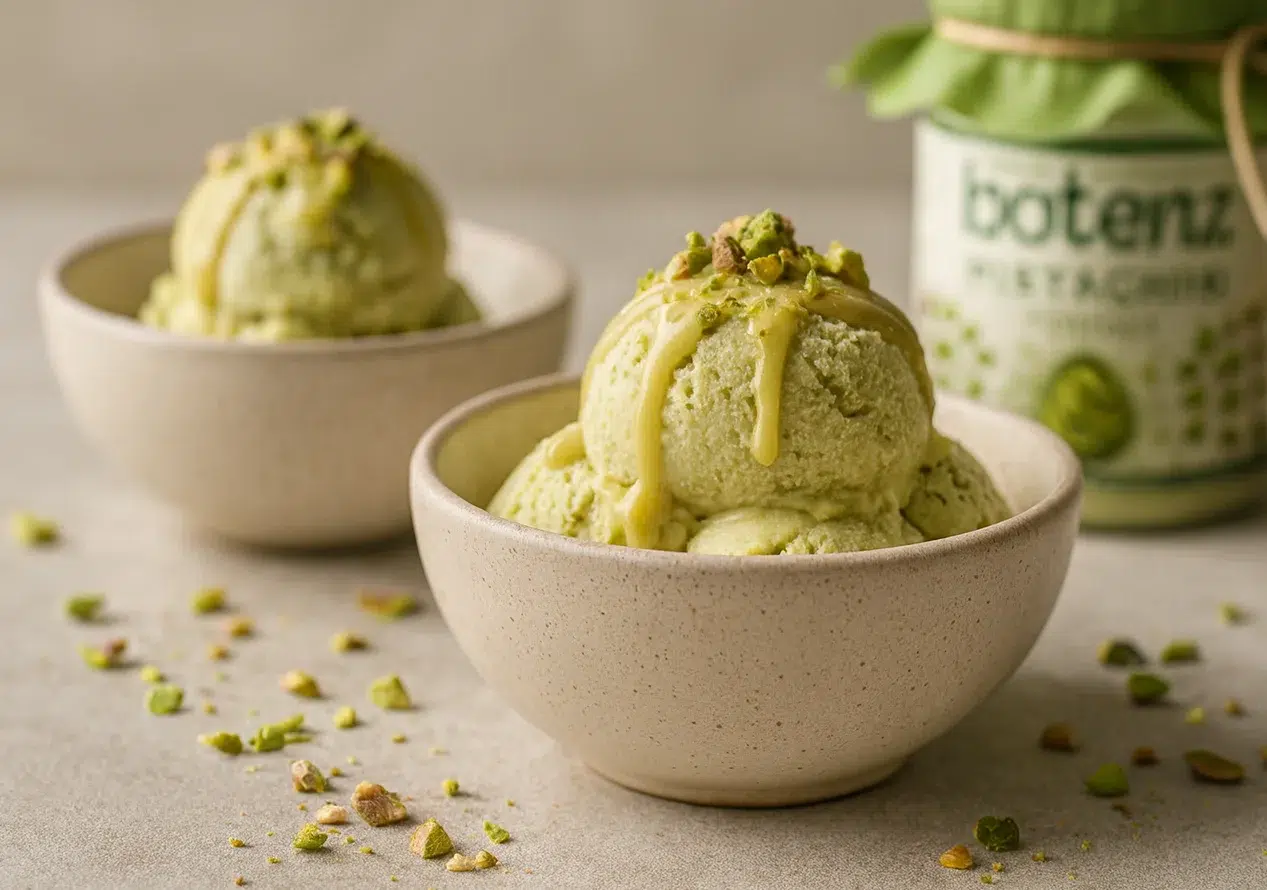 קערת סורבה פיסטוק עם פיסטוקים גרוסים - קינוח קפוא מרענן של בוטנז