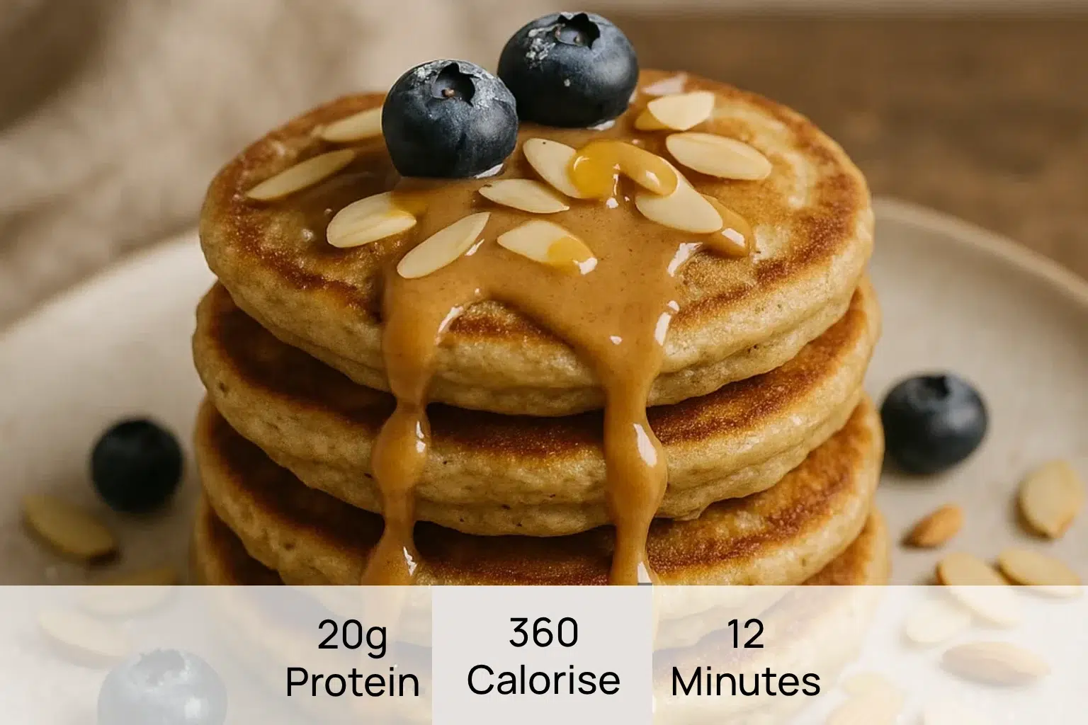 ערימת פנקייקים של שקדים עם זיגוג בוטנים ואוכמניות - מתכון לארוחת בוקר בריאה של Botenz