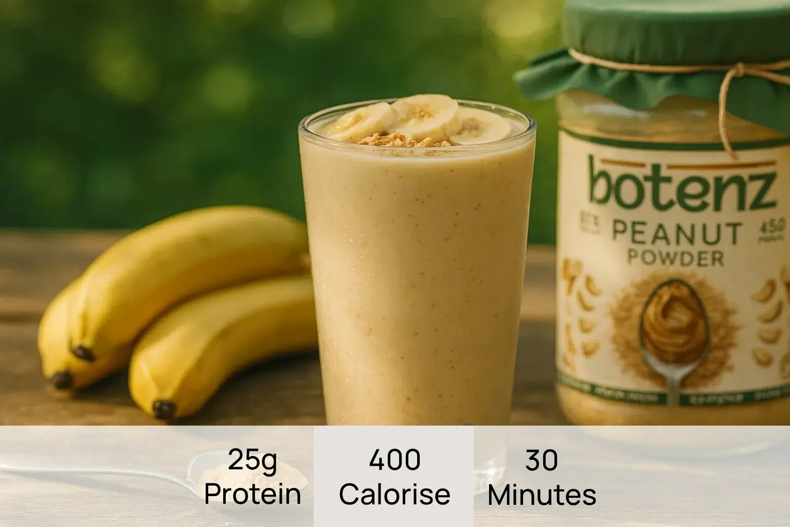 שייק חלבון של בננה וחמאת בוטנים בכוס ליד בננות טריות וצנצנת אבקת בוטנים מתכון