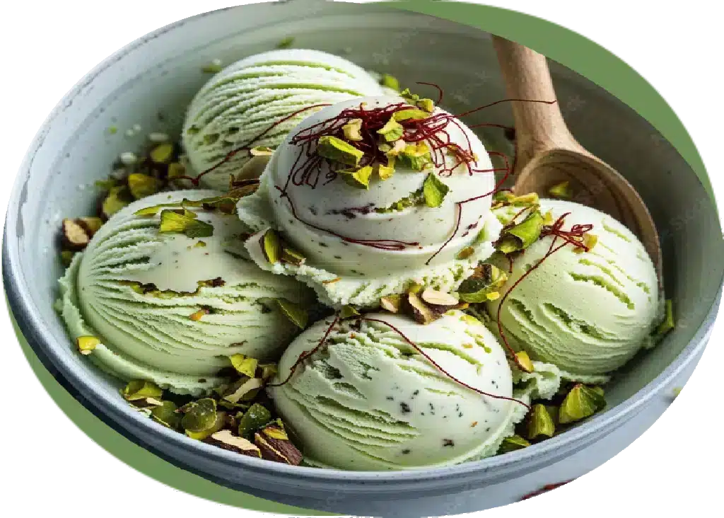 Bowl of diet pistachio ice cream scoops topped with chopped pistachios and chocolate drizzle — Botenz dessert recipe