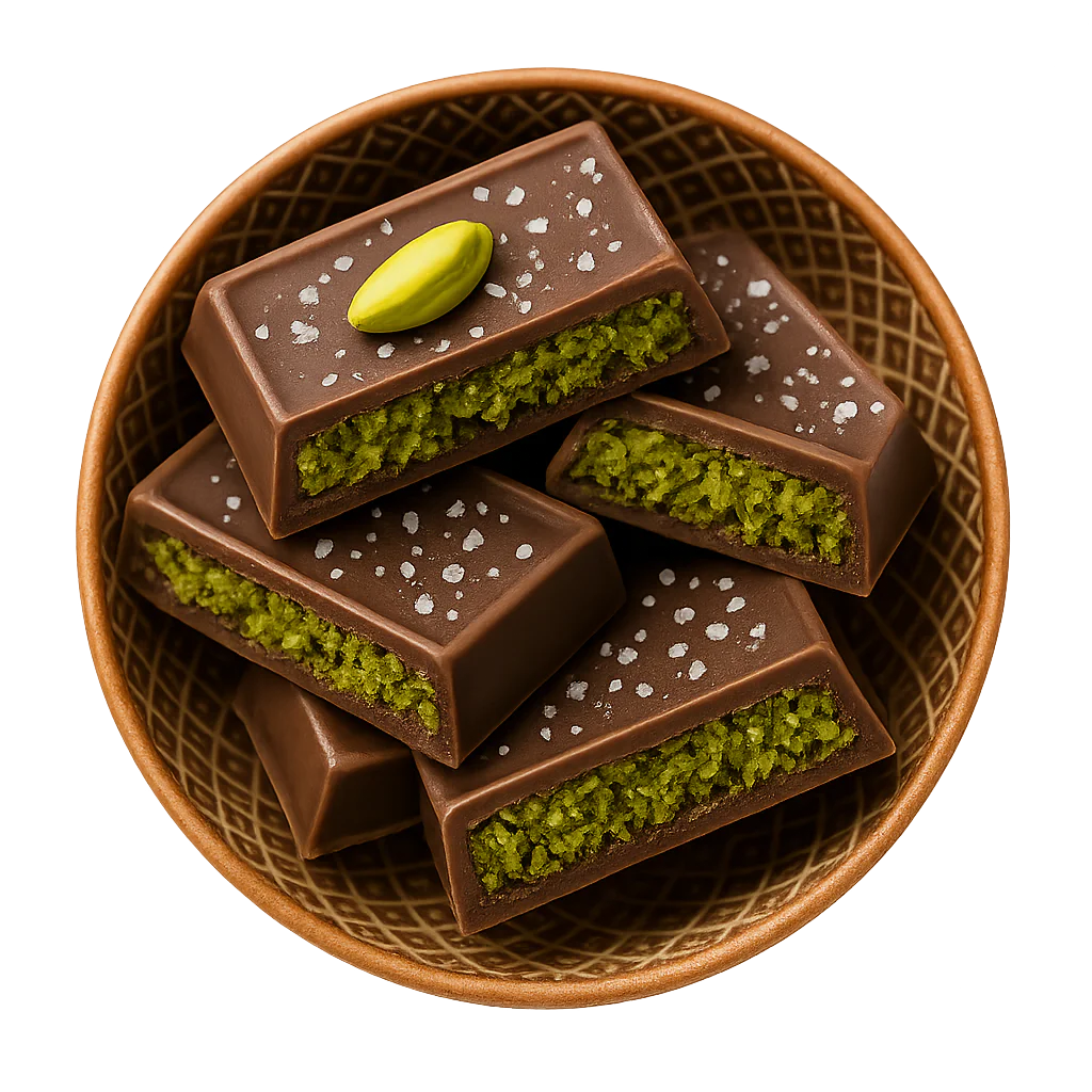 Dark chocolate bars filled with pistachio cream and topped with sea salt — Botenz healthy Dubai chocolate recipe