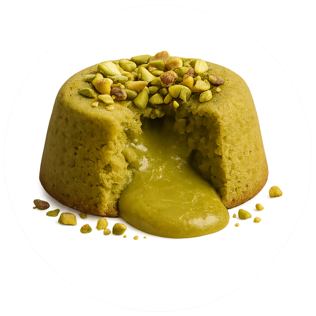 Pistachio lava cake with molten green pistachio filling — Botenz healthy high-protein dessert
