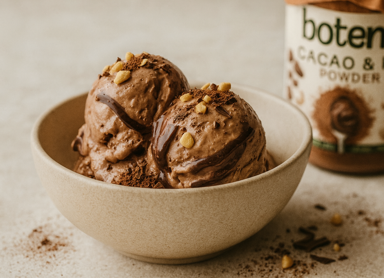 קערת גלידת שנעשתה על ידי אבקת חמאת בוטנים ושוקולד עם זילוף בוטנים ואגוזים - מתכון לבוטנז