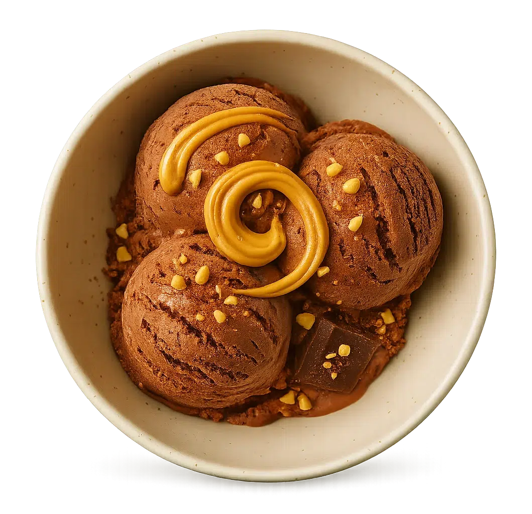 Bowl of chocolate peanut butter ice cream topped with peanut drizzle and chocolate pieces — Botenz dessert recipe
