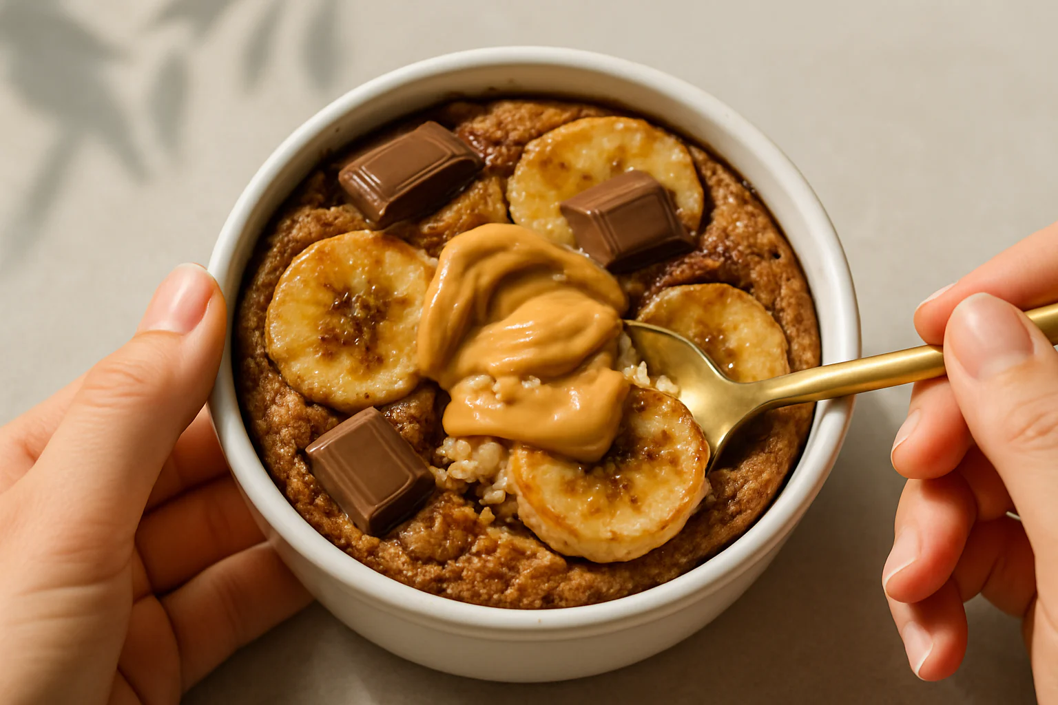 Bowl of peanut butter oatmeal topped with banana slices, chocolate pieces, and creamy peanut butter