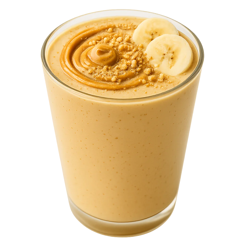 Glass of banana peanut butter smoothie topped with banana slices and peanut drizzle — Botenz recipe