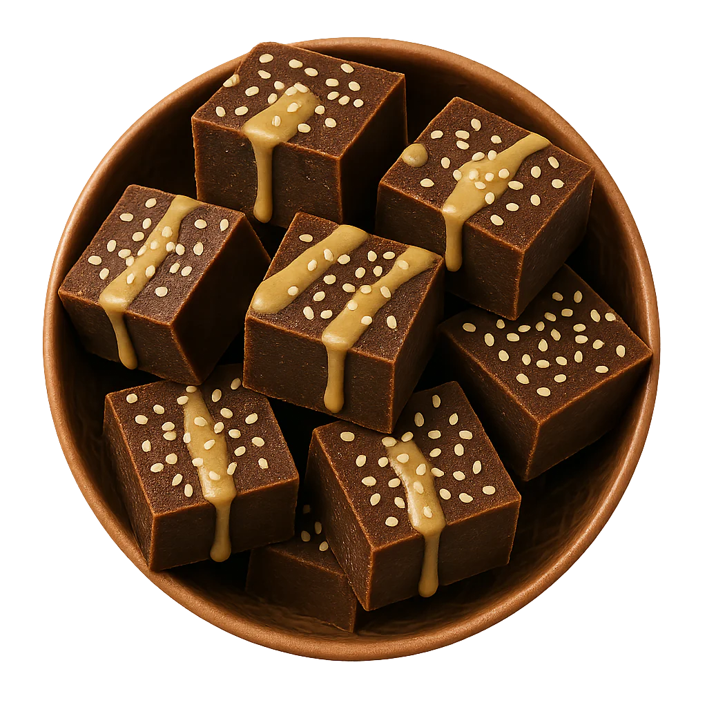 Chocolate sesame fudge squares topped with sesame seeds and caramel drizzle — Botenz healthy dessert recipe