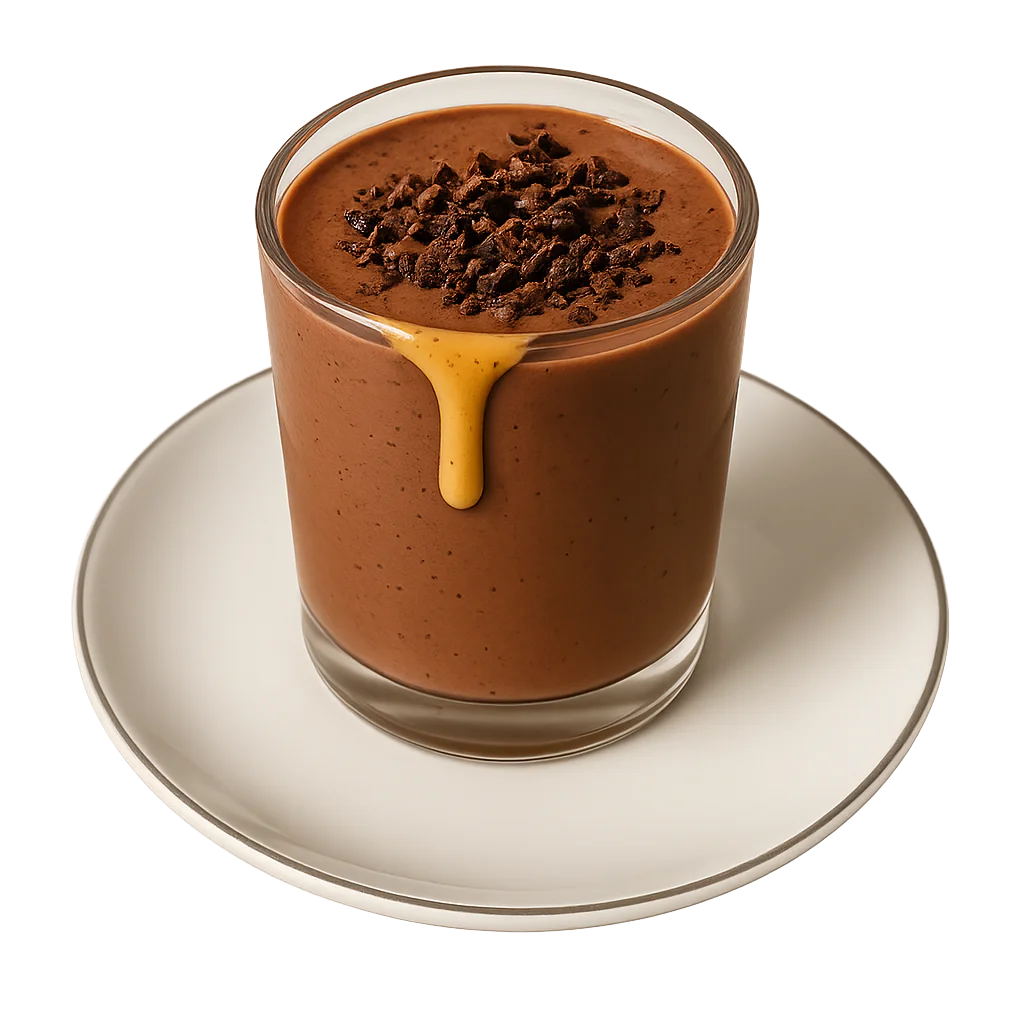 Glass of chocolate banana smoothie topped with cocoa powder and peanut drizzle — Botenz healthy drink recipe