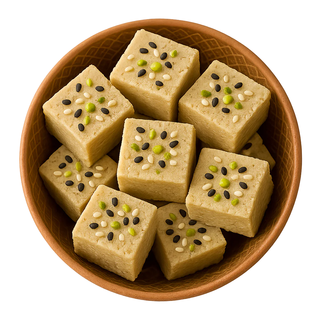 Golden halva squares with pistachio garnish — Botenz sesame-based healthy sweet recipe