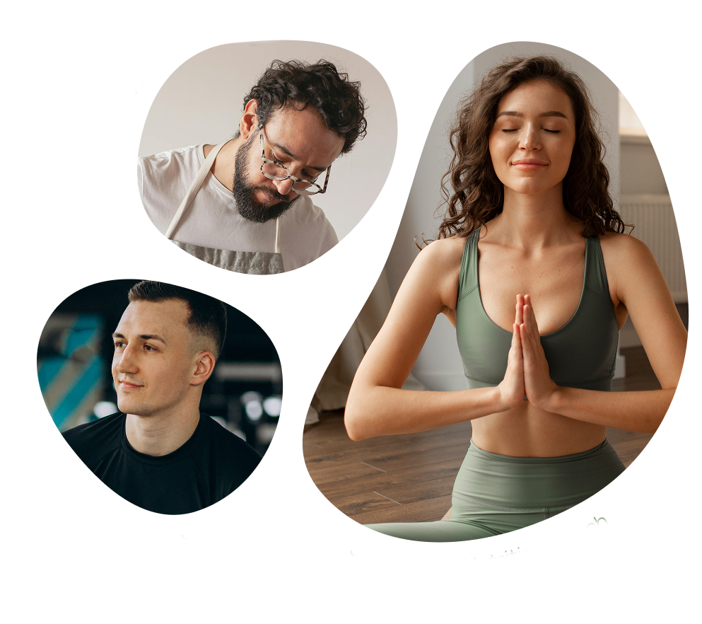 מדור משוב לקוחות עם תמונות של טבח, חובב כושר ומאמן תזונה שחולקים ביקורות חיוביות על Botenz