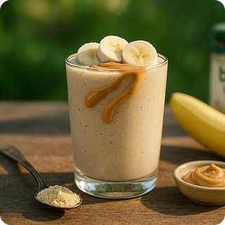 שייק חלבון של בננה וחמאת בוטנים בכוס ליד בננות טריות וצנצנת אבקת בוטנים מתכון