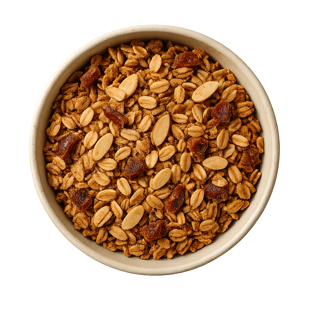 almond protein granola recipe — top-down view of almond dish in a bowl