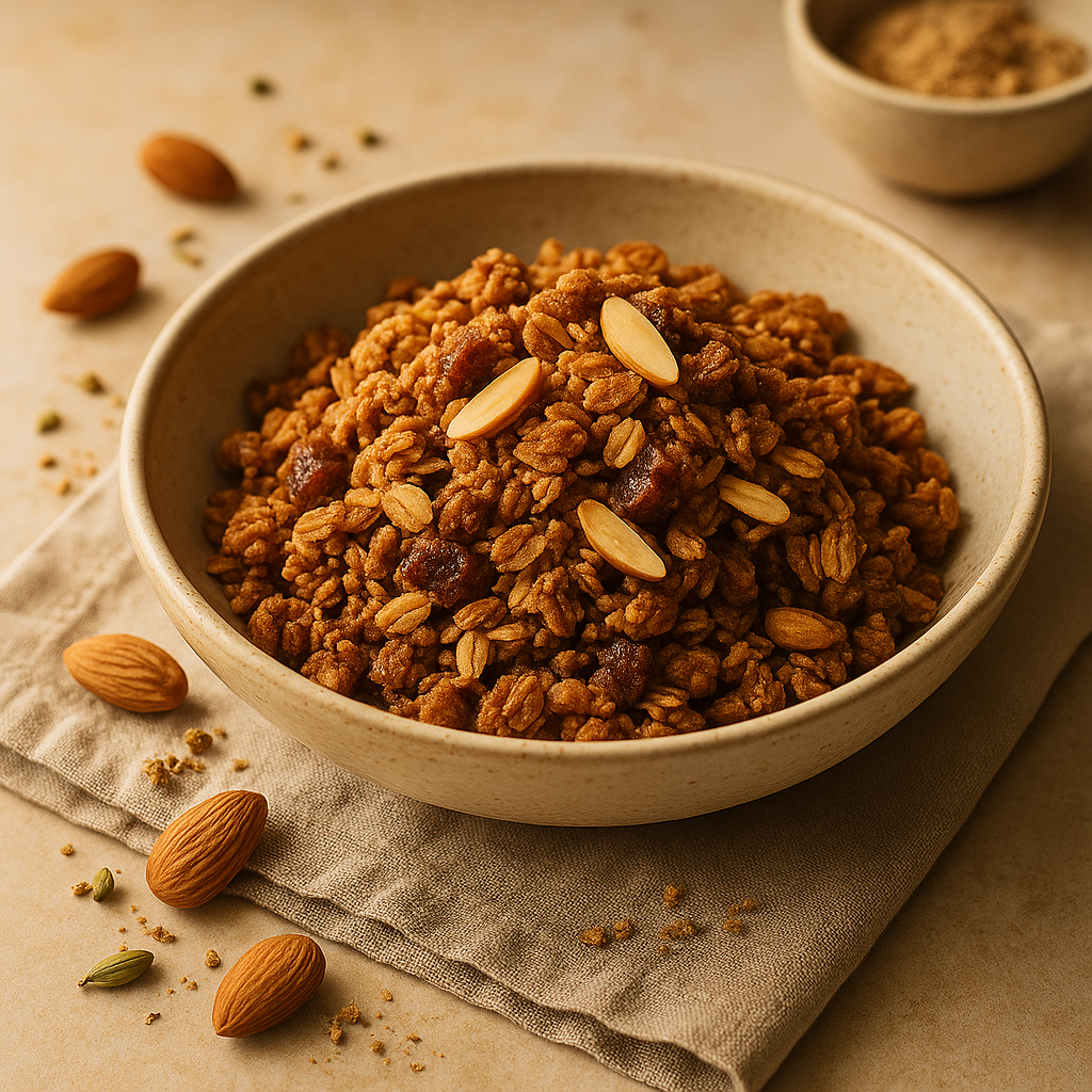 almond protein granola recipe — almond dish plated and ready to serve