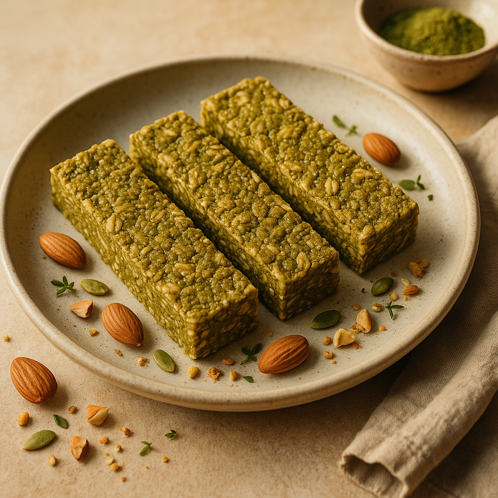 matcha granola bars recipe — almond dish plated and ready to serve