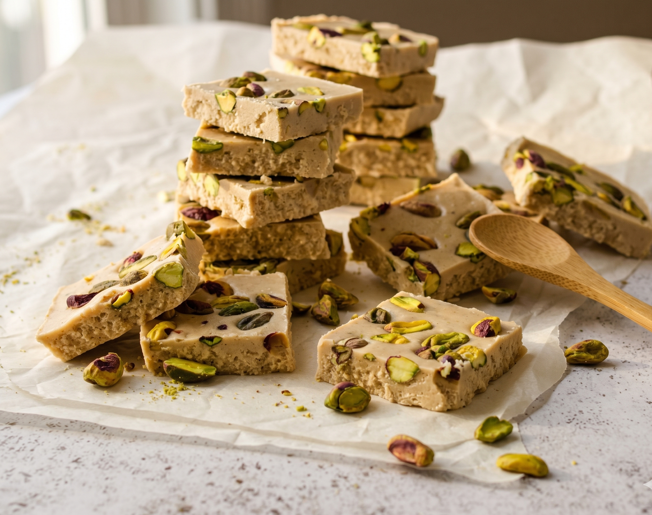 Protein-rich halva squares with nuts and seeds served in a tray — Botenz dessert recipe