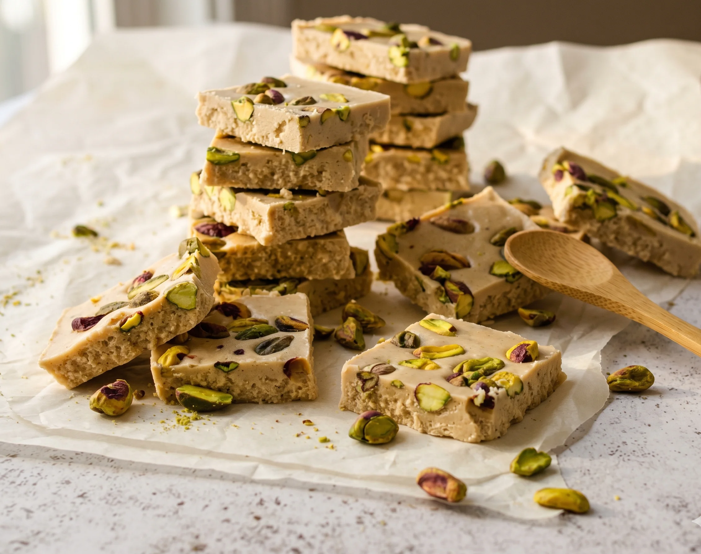 Protein-rich halva squares with nuts and seeds served in a tray — Botenz dessert recipe