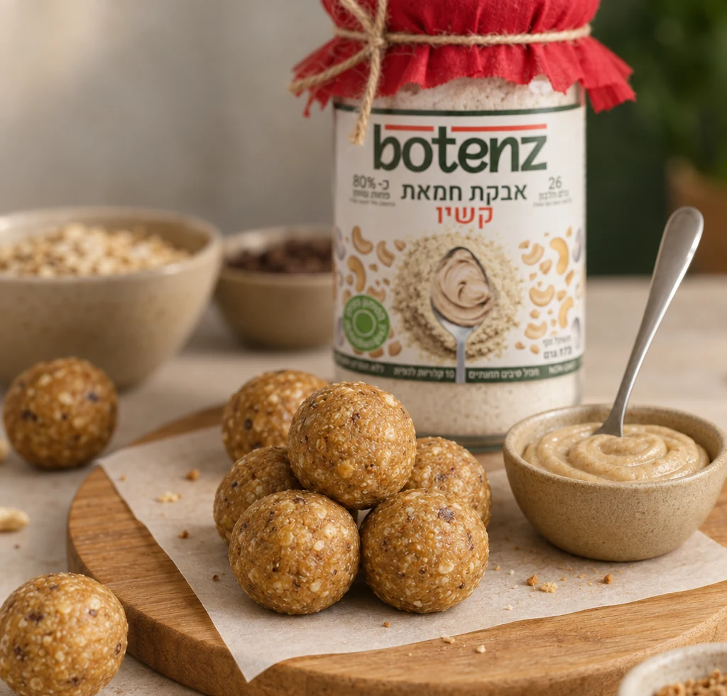 Cashew energy balls made with Botenz cashew powder, healthy high-protein snack balls on table