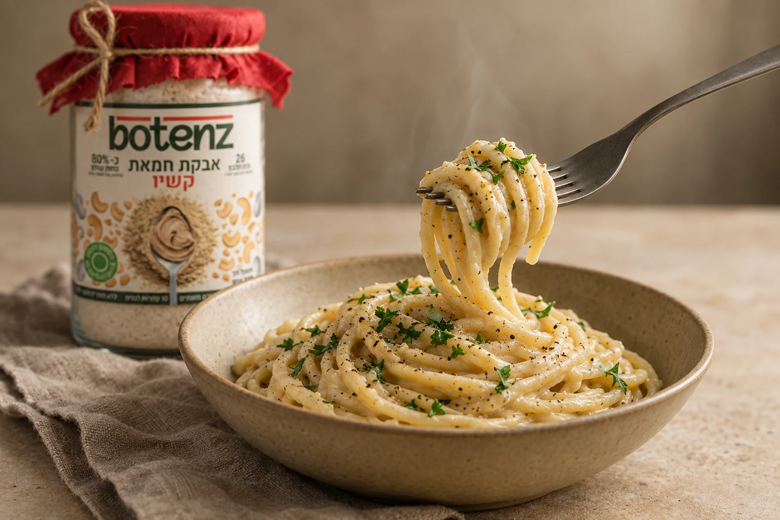 Bowl of creamy vegan pasta made with Botenz cashew powder and herbs — dairy-free recipe