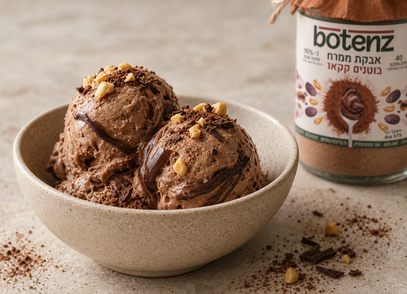Bowl of chocolate peanut butter ice cream topped with peanut drizzle and nuts — Botenz recipe